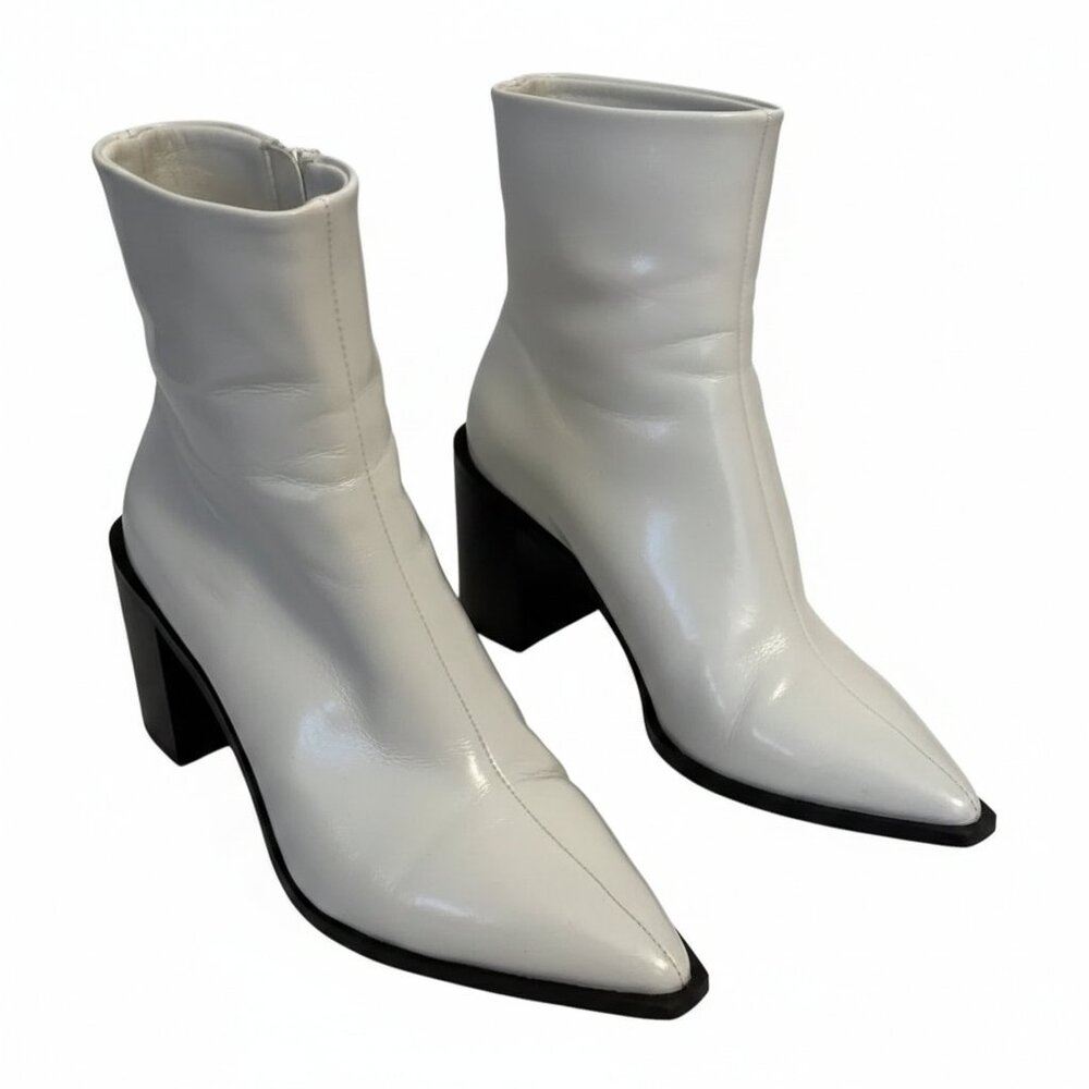 Call It Spring White Pointed-Toe Ankle Boots with Black Block Heel